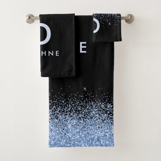 Moderner Schwarz-Blau-Glitzer-Initial-Monogramm-Ta Badhandtuch Set (Insitu)
