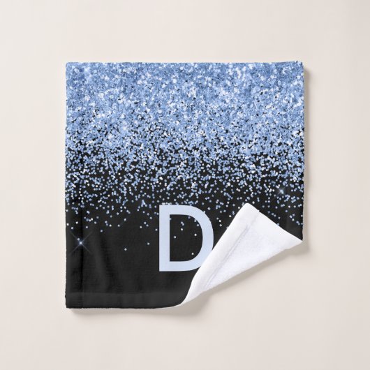 Moderner Schwarz-Blau-Glitzer-Initial-Monogramm-Ta Badhandtuch Set (Waschlappen)
