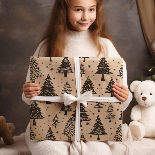 Moderner Schwarz-Creme-Weihnachtsbaum Geschenkpapier