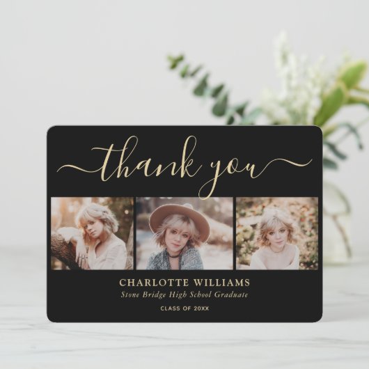 Moderner Schwarz-Gold 3-Abschluss Dankeskarte (Stehend Vorderseite)