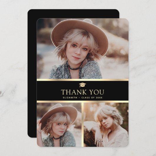 Moderner Schwarz-Gold-3-Foto-Abschluss Dankeskarte (Vorne/Hinten)