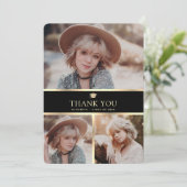 Moderner Schwarz-Gold-3-Foto-Abschluss Dankeskarte (Stehend Vorderseite)