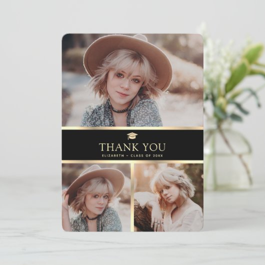 Moderner Schwarz-Gold-3-Foto-Abschluss Dankeskarte (Stehend Vorderseite)