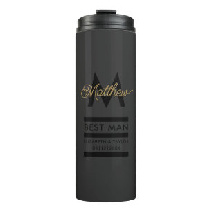 Moderner Schwarz-Gold-Add-Name und Monogram-Trauze Thermosbecher