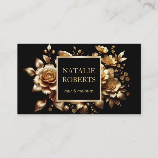 Moderner Schwarz & Gold Blumensalon Luxus Visitenkarte (Vorderseite)