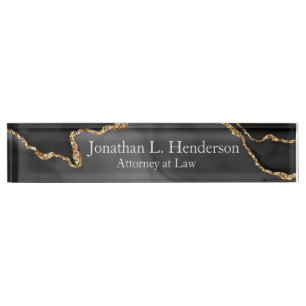Moderner Schwarz-Gold-Glitzer Agate Beruflich Namensplakette