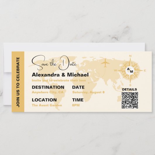 Moderner Schwarz-Gold-Pass Save the Date Einladung (Vorderseite)
