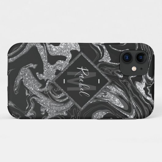 Moderner Schwarz-Grau-Silbermor-Glitzer Case-Mate iPhone Hülle (Rückseite (Horizontal))