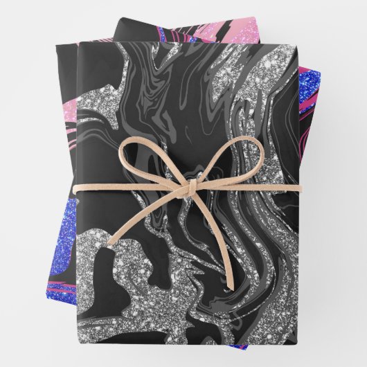 Moderner Schwarz-Grau-Silbermor-Glitzer Geschenkpapier Set (Beispiel)