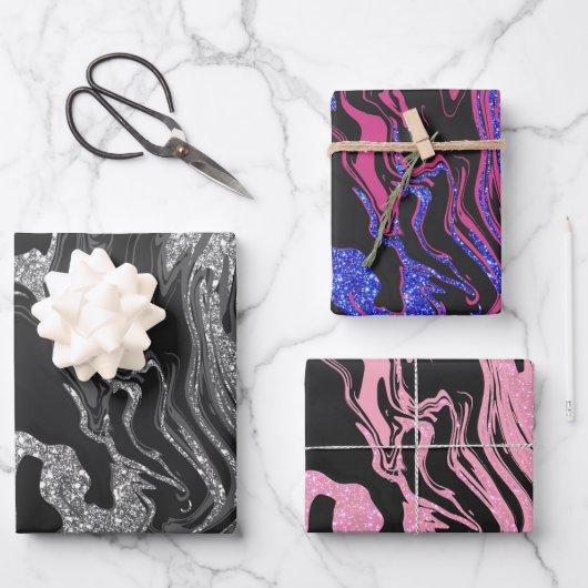 Moderner Schwarz-Grau-Silbermor-Glitzer Geschenkpapier Set (Vorderseite)