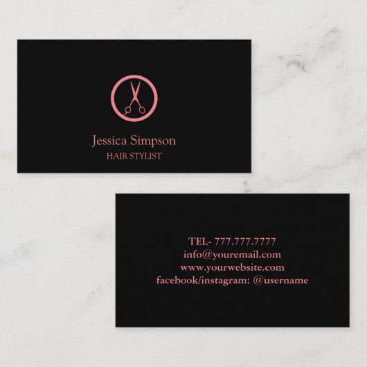 Moderner Schwarz & Rose Goldhaar Stylist Friseur S Visitenkarte (Vorne/Hinten)