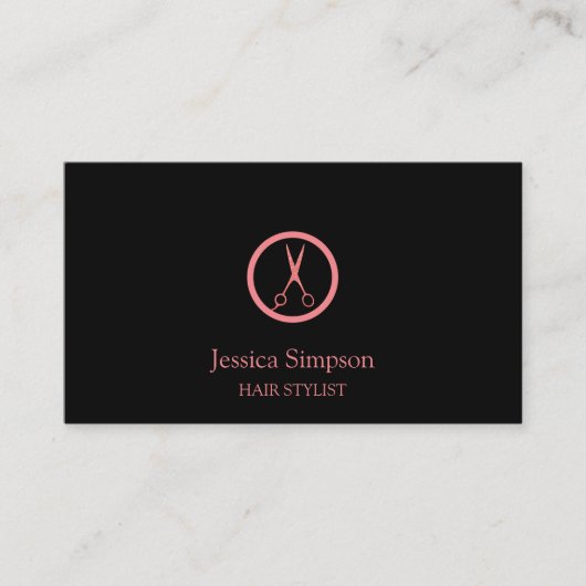 Moderner Schwarz & Rose Goldhaar Stylist Friseur S Visitenkarte (Vorderseite)