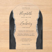 Moderner Schwarz-Silber-Agate-Hochzeitsbogen Acryleinladungen (Vorderseite)