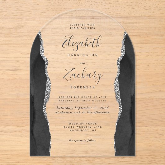 Moderner Schwarz-Silber-Agate-Hochzeitsbogen Acryleinladungen (Vorderseite)