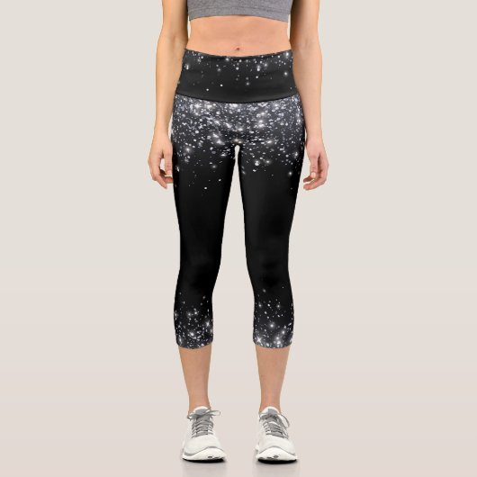 Moderner Schwarz-Silber-Glitzer Capri Leggings (Vorderseite)