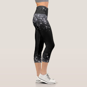 Moderner Schwarz-Silber-Glitzer Capri Leggings