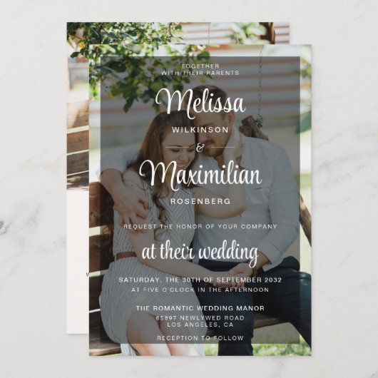 Moderner schwarz transparenter Chic 2 Foto QR Code Einladung (Vorne/Hinten)