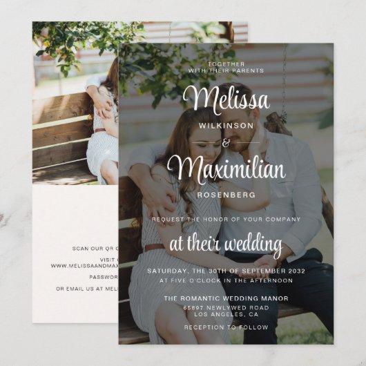 Moderner schwarz transparenter Chic 2 Foto QR Code Einladung (Vorne/Hinten)