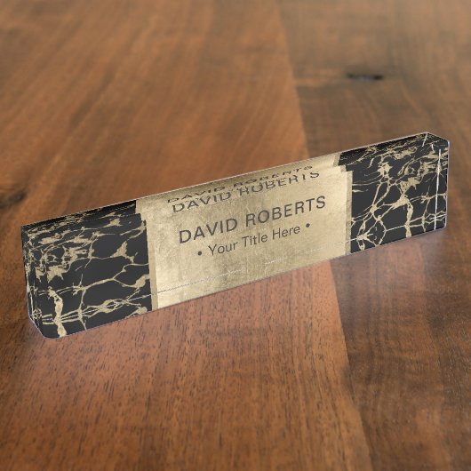 Moderner Schwarz-u. Goldmarmor Namensplakette (Seite)