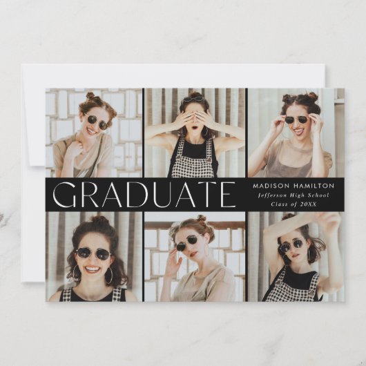 Moderner Schwarz-Weiß-12-Foto-Abschluss Ankündigung (Vorderseite)