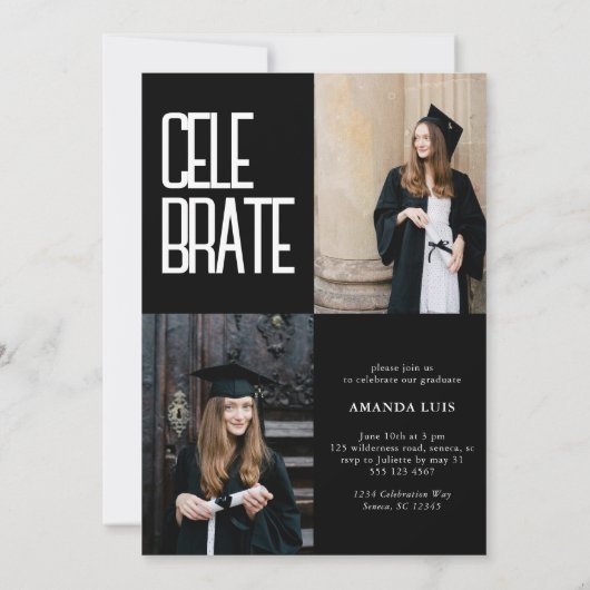 Moderner Schwarz-Weiß-Abschluss Einladung (Rückseite)