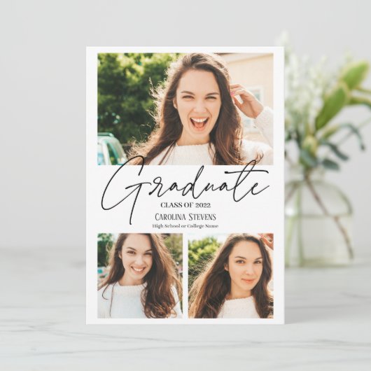 Moderner Schwarz-Weiß-Abschluss mit 3 Fotos Ankündigung (Stehend Vorderseite)