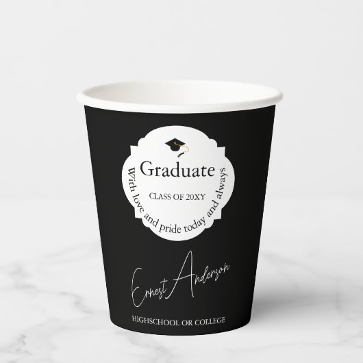 Moderner Schwarz-Weiß-Abschluss Pappbecher (Vorderseite)