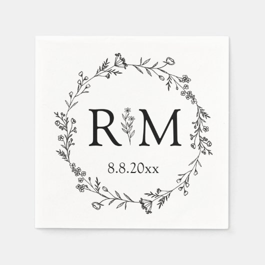 Moderner Schwarz-Weiß-Botanischer Monogramm-Hochze Serviette (Vorderseite)
