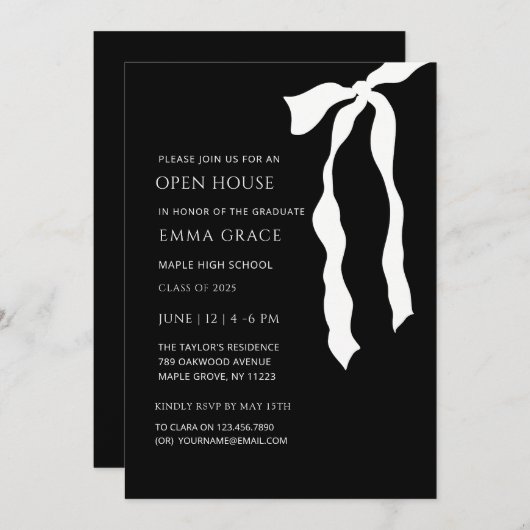 Moderner Schwarz-Weiß-Bow Offener Abschluss Einladung (Vorne/Hinten)