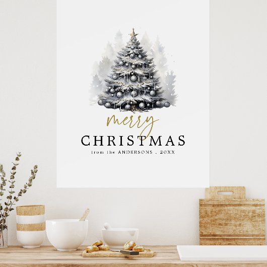 Moderner Schwarz & Weiß Gold Frohe Weihnachtsbaum Poster (Küche)