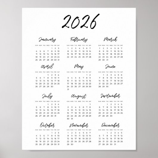 Moderner Schwarz-Weiß-Kalender 2025 Poster (Vorne)