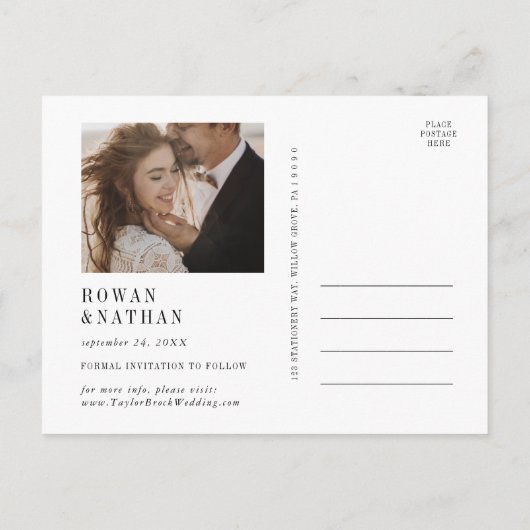 Moderner Schwarz-Weiß-Kalender Save the Date Einladungspostkarte (Rückseite)