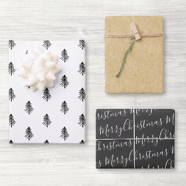 Moderner Schwarz-Weiß-Kalligrafie Weihnachtsbaum Geschenkpapier Set