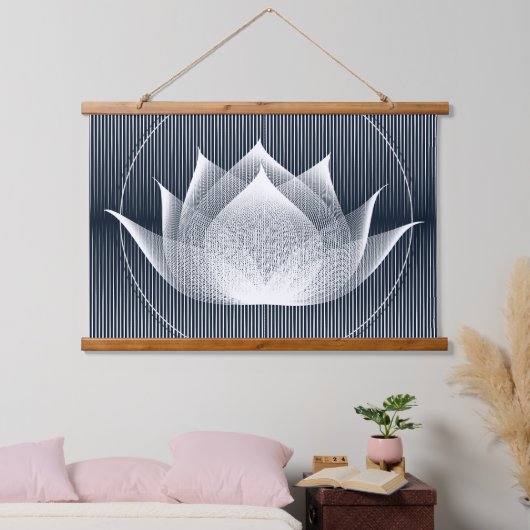 Moderner Schwarz-Weiß-Lotus-Trippy-Moiré-Effekt Wandteppich Mit Holzrahmen (Schlafzimmer)