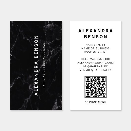 Moderner Schwarz-Weiß-Marmor-QR-Code Visitenkarte