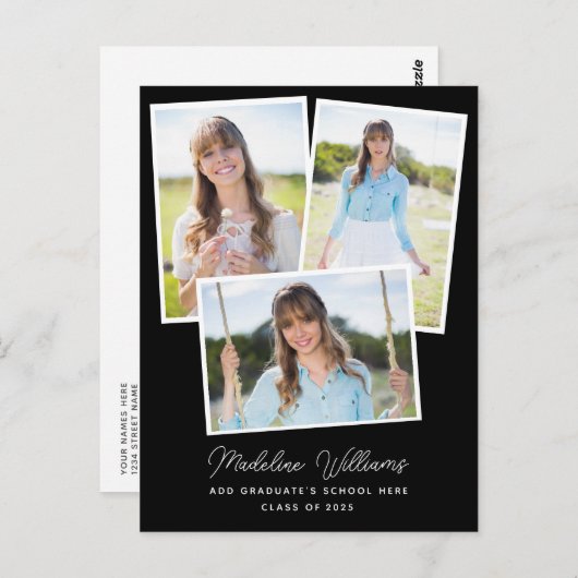 Moderner Schwarz-Weiß-Script Multi-Foto-Abschluss Postkarte (Vorne/Hinten)