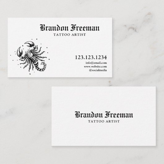 Moderner Schwarz-Weiß-Skorpion Tattoo-Künstler Visitenkarte (Vorne/Hinten)
