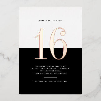 Moderner Schwarz-Weiß-Sweet 16 Rose Gold Foil Folieneinladung