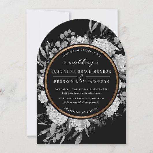 Moderner Schwarz-Weiß-Wasserfarbenbogen Einladung (Vorderseite)