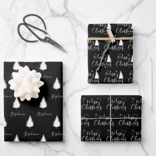 Moderner Schwarz-weißer Baum Frohe Weihnachten Geschenkpapier Set