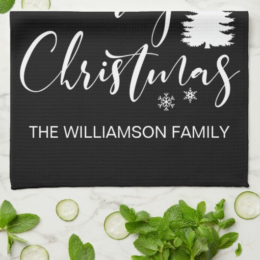 Moderner Schwarz-weißer Baum Frohe Weihnachten Geschirrtuch (Gefaltet)