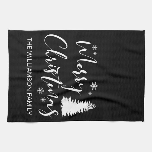 Moderner Schwarz-weißer Baum Frohe Weihnachten Geschirrtuch (Horizontal)