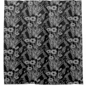 Moderner Schwarz-weißer Duschvorhang mit Blumen (Vorderseite)