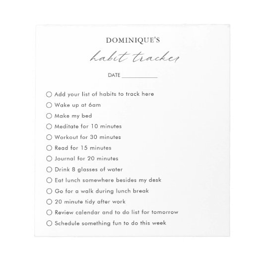 Moderner Schwarz-weißer Elegant Habit Tracker Notizblock (Vorderseite)
