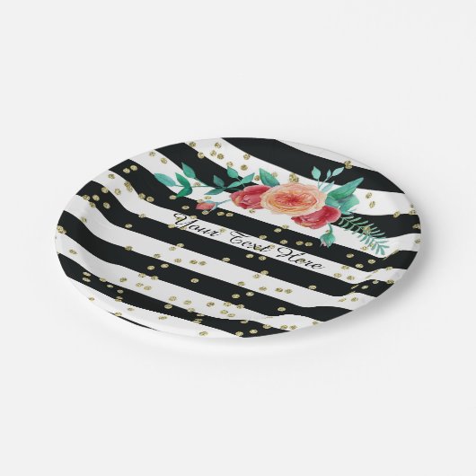 Moderner Schwarz-weißer gestreifter Pappteller (Schrägansicht)