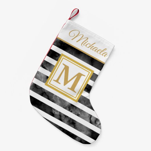 Moderner Schwarz-weißer Goldmonogramm-Anfangsname Kleiner Weihnachtsstrumpf (Vorderansicht (hängend))