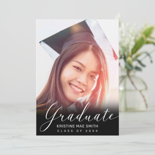 Moderner Schwarz-weißer Kalligrafie-Foto-Abschluss Einladung (Stehend Vorderseite)