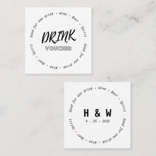 Moderner Schwarz-weißer Name Datum Hochzeitsgeträn Quadratische Visitenkarte (Vorne/Hinten)