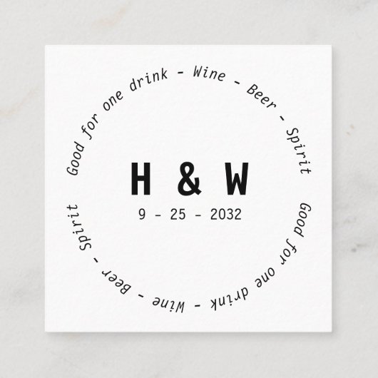 Moderner Schwarz-weißer Name Datum Hochzeitsgeträn Quadratische Visitenkarte (Rückseite)