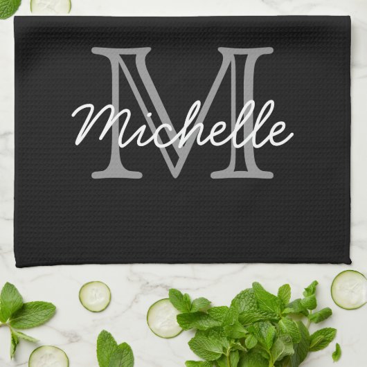 Moderner Schwarz-weißer Personalisierter Name Mit  Geschirrtuch (Gefaltet)